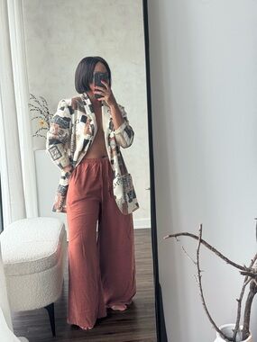 Linen Blend Wide-Leg Rust Women’s Pants - Relaxed High-Waist (L)